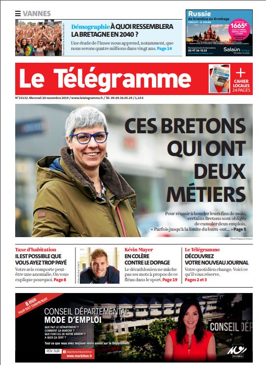 Une du quotidien régional Le Télégramme du mercredi 20 novembre 2019