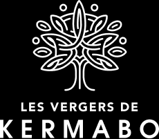 Arbre stylisé blanc sur fond noir avec inscrit en dessous "Les Vergers de Kermabo"