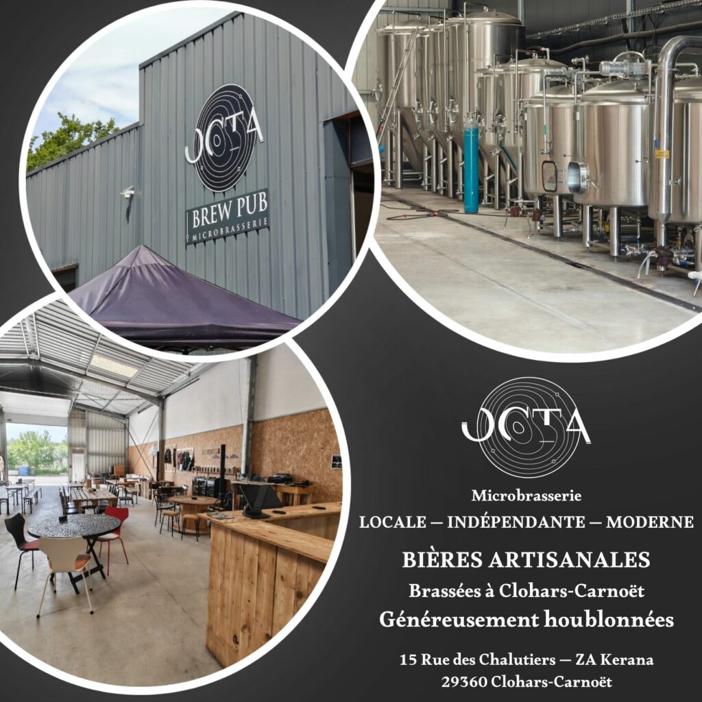 Flyer présentant la brasserie OCTA avec ses valeurs, sa différentiation et son adresse. 3 images y sont apposées dans des cadres circulaires. Une représentant une série de fermenteurs alignés, une deuxième représentant l'enseigne sur la façade du bâtiment et la troisième montrant l'intérieur de la brasserie avec la zone d'accueil du public. (visuel susceptible d'évoluer)