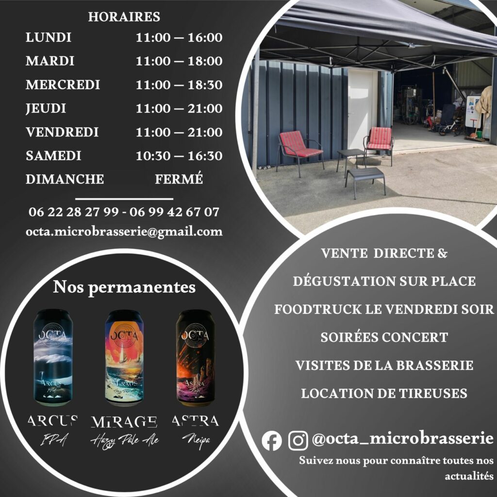 Verso d'un flyer présentant la brasserie OCTA avec les horaires, les informations de contact, les services proposés, la gamme permanente et une photo de la terrasse extérieure. (visuel susceptible d'évoluer)